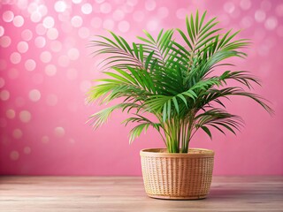 Minimalist Summer Gardening: Tropical Palm in Rattan Pot on Pink