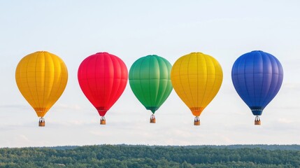 Obraz premium Colorful Hot Air Balloons Over Forest Landscape