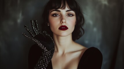 A woman in elegant black attire with elaborate gloves poses with sophistication, capturing classic glamour and poise.