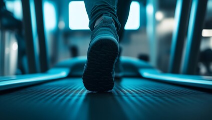 Close-Up of Feet Running on Treadmill in Fitness Club with Dark Blue Background and Focus on Shoe