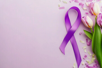 women's day purple and yellow tulips and purple ribbon on purple background with copy space