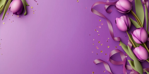 women's day purple tulips on purple background with copy space