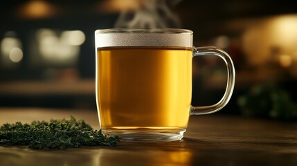 A steaming glass of golden beer sits on a wooden table, with herb nearby and a cozy bar scene in the background
