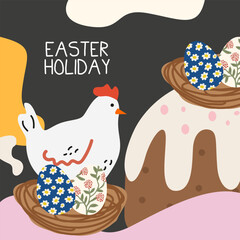 Set of Happy Easter greeting cards in modern cartoon style. Abstract Easter retro poster with Easter cake, eggs, chicken. Trendy editable vector template for poster, banner, social media post