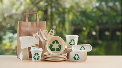 Eco Friendly Disposable Paper Plates Cups and Utensils Sustainable Packaging Set for Food Take Away Green Recycle Symbol Natural Biodegradable Compostable Party Supplies Picnic Cafe Earth Clean White 