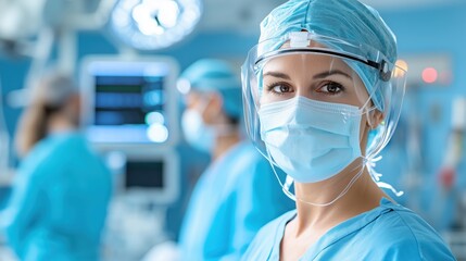 Portrait of a Confident Female Surgeon Wearing Surgical Mask and Protective Gear in Hospital Operating Room Environment