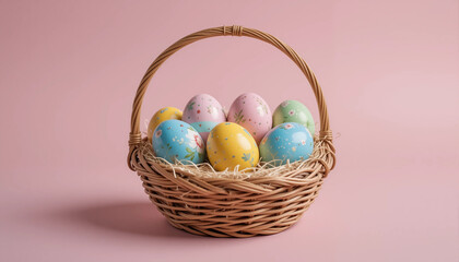 Hand painted Easter eggs in
a woven wicker basket