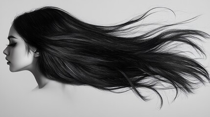 Naklejka premium Elegant Woman Long Black Hair Flowing Style care silk soft wind dark 
