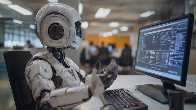 Robot programmer working in an office. A modern android working at a computer in an office environment, showcasing advanced artificial intelligence and automation technologies.