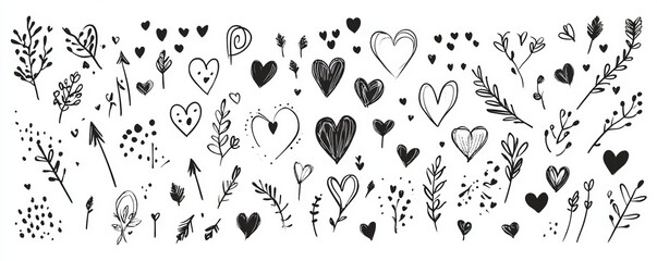 Hand drawn romantic doodles with heart shapes and arrows, along with decorative romantic dividers and a handwritten love doodle, are commonly used in wedding decorations presented in a drawing style