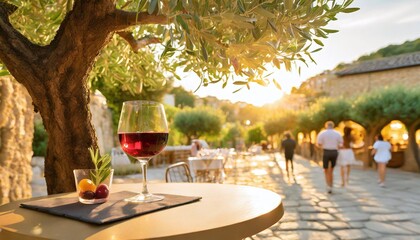 apéritif en terrasse sous un olivier, ambiance estivale et ensoleillée