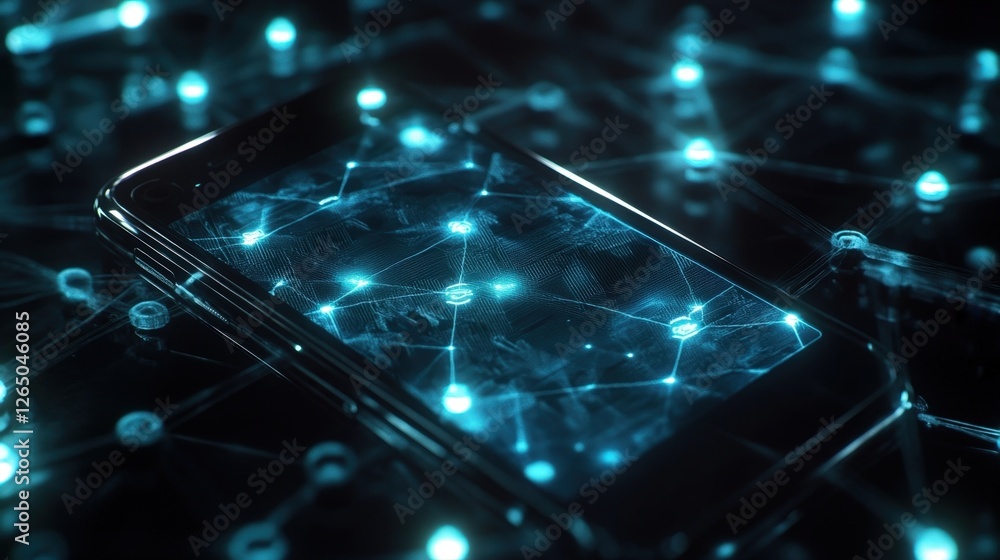 Poster an artistic depiction of a smartphone embedded in a web of blockchain connections with glowing nodes