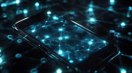 An artistic depiction of a smartphone embedded in a web of blockchain connections with glowing nodes illuminating the dark background. This closeup captures the essence of seamless