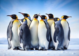 Fototapeta premium Minimalist Winter Penguins: Two Groups Huddled Together on White
