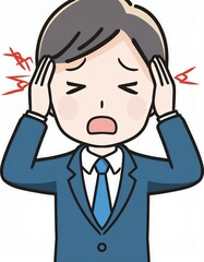 片頭痛などで頭が痛い男性会社員。頭に手を当てて苦悶の表情をするイラスト。AIで生成