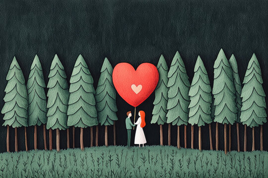 A whimsical illustration of a couple holding a large heart balloon surrounded by evergreen trees, symbolizing love and connection in nature. Valentine's Day