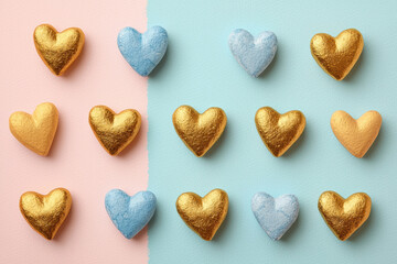 Obraz premium Colorful heart-shaped pastries arranged on pastel backgrounds, featuring golden and blue glazes. Perfect for celebrations and special occasions. Valentine's Day
