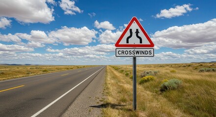 Driving on Open Road with Crosswinds Sign Under a Cloudy Sky