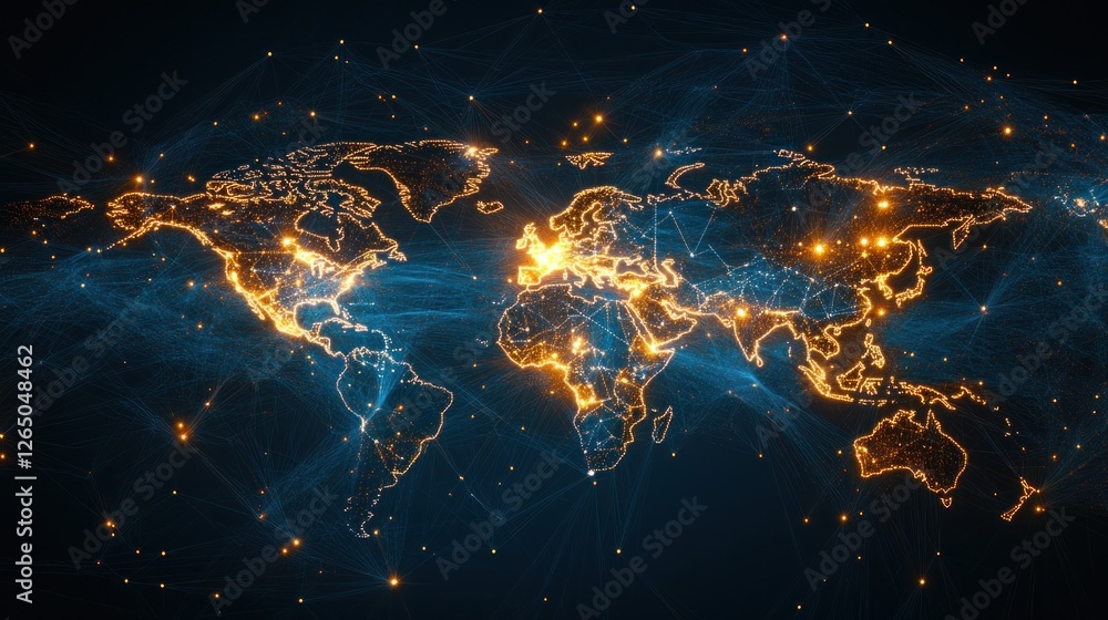 Poster global network connection: a digital world map with glowing connections