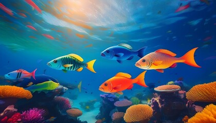 Fototapeta premium beautiful and colorful fishes in the clear ocean 