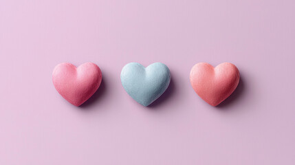Obraz premium Three colorful heart-shaped candies in pink and blue, elegantly arranged on a soft pink background, evoking feelings of love and sweetness. Valentine's Day