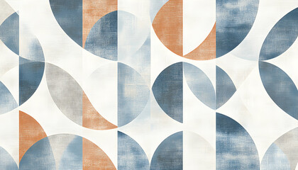 Abstract geometric pattern with muted blue, orange, and gray semi-circles on a textured off-white background. Ideal for textile design, wallpaper, or modern art prints.