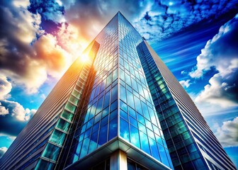 Fototapeta premium Modern Business Building Double Exposure, Skycraper Cityscape, Blue Sky, Abstract Architecture, Corporate Success