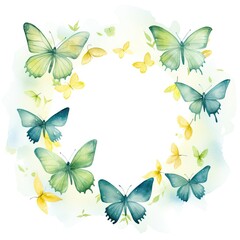 Fototapeta premium Watercolor wreath consisting of butterflies in pastel yellow and green colors