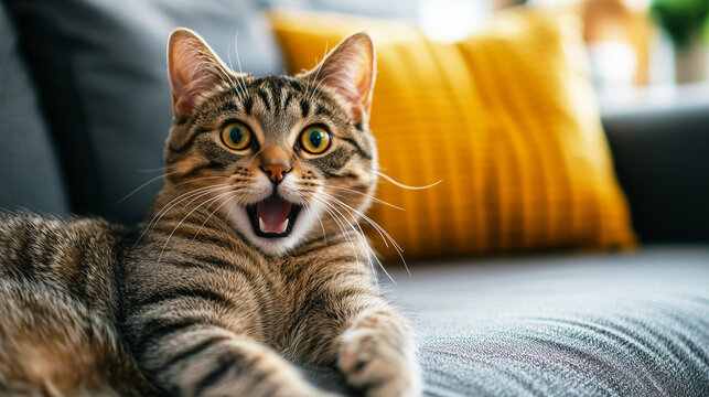Surprised tabby cat on a cozy grey couch with yellow pillows looking shocked, perfect for pet blogs, social media posts, and humorous advertising
