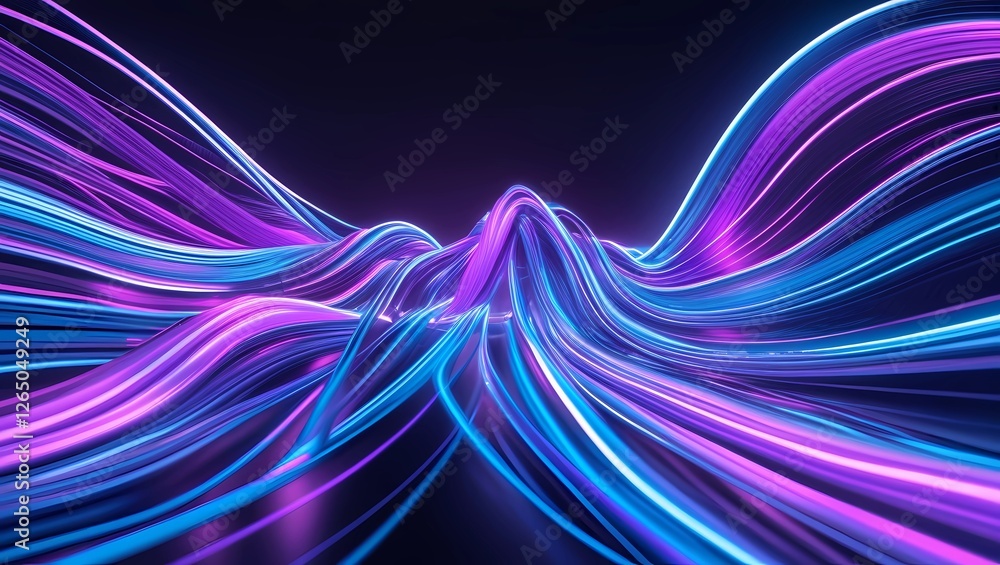 Poster abstract wave of glowing blue and purple light streams flowing dynamically across a dark background,