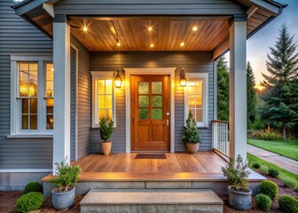 Modern Farmhouse Front Door with Bokeh, Grey Vinyl Siding, Wood Accents, Covered Porch