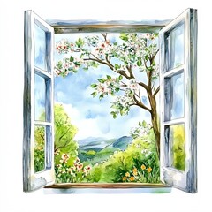 Window with a tree outside and a blue sky