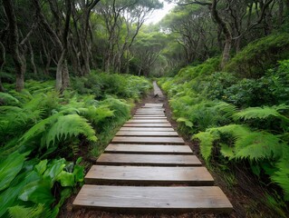 Obraz premium Serenity unfolds along the wooden pathway through lush greenery in a tranquil forest haven. Generative AI