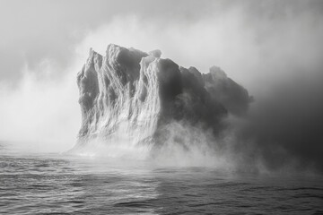 Obraz premium Majestic Rock Formation Emerged from Ocean Waves Surrounded by Mist and Fog in Monochrome