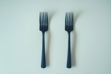 Minimalist still life of two dark forks aligned on soft light blue surface symmetry and contemporary aesthetic