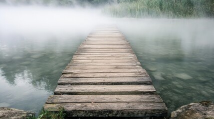 Fototapeta premium A wooden path stretches into the mist, dissolving into mystery and inviting exploration beyond the visible.