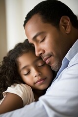 Obraz premium Tender Moment of Hispanic Father Hugging His Daughter Before Bedtime in Cozy Atmosphere
