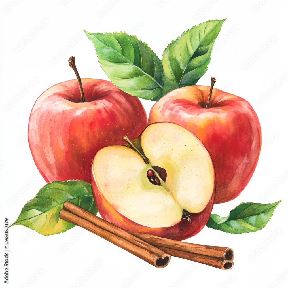 Poster three apples with a slice cut out and a cinnamon stick in the middle