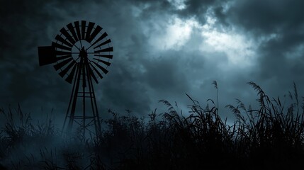 dark and dramatic silhouette of windmill with grass against cloudy sky sense of mystery and foreboding