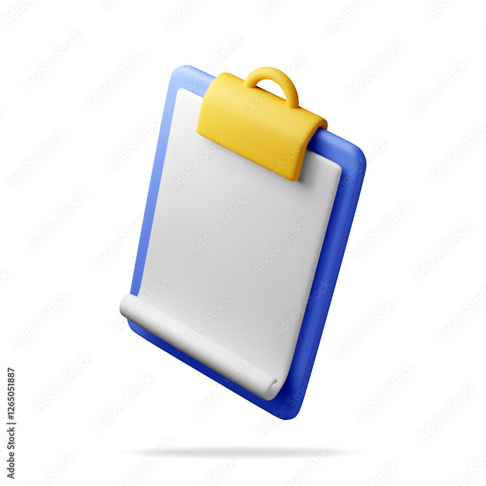 Poster 3d clipboard with empty paper sheet isolated on white background. clipboard render with white paper.