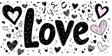 A lovely illustration of the word LOVE, complete with hand-drawn hearts and script love text, is presented on a white background, creating a modern design perfect for printing on tee shirts, posters
