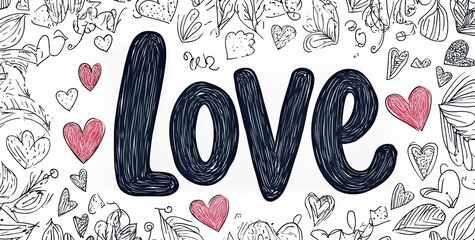 This modern design features a lovely, hand-drawn illustration of the word LOVE with hearts, accompanied by script love text, all on a clean white background, ideal for print on shirts, posters, and