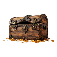 Pirate-style wooden treasure chest spilling gold coins