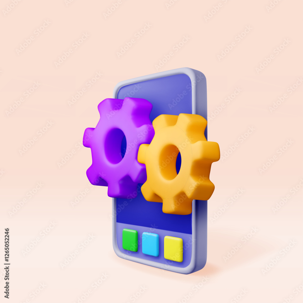 Poster 3d smartphone with gears on screen isolated. render mobile phone with cogwheel icon. settings, optio