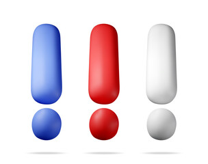 3D exclamation mark isolated on white. Render attention, information, danger and warning icon. Alert and alarm symbol. Social media network notification reminder. Vector illustration