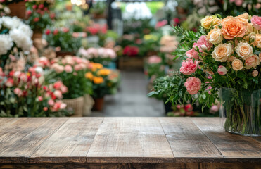 Fototapeta premium Empty wooden table top with a blurred background of a flower shop interior for product display, e-commerce, and floral business