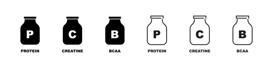 Protein, Creatine and BCAA Bottles Vector Icon Set