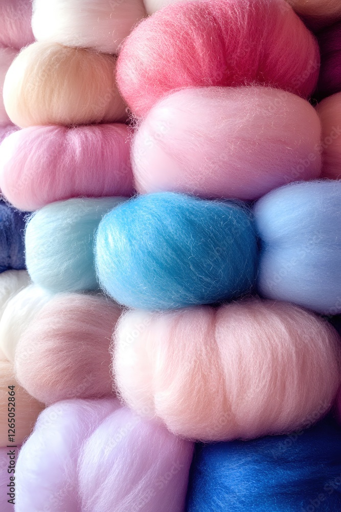 Poster soft pastel wool balls stacked high creating a textured and colorful background