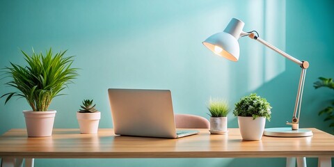 Modern Minimalist Office Desk Setup: Laptop, Plants, Lamp, Vibrant Workspace