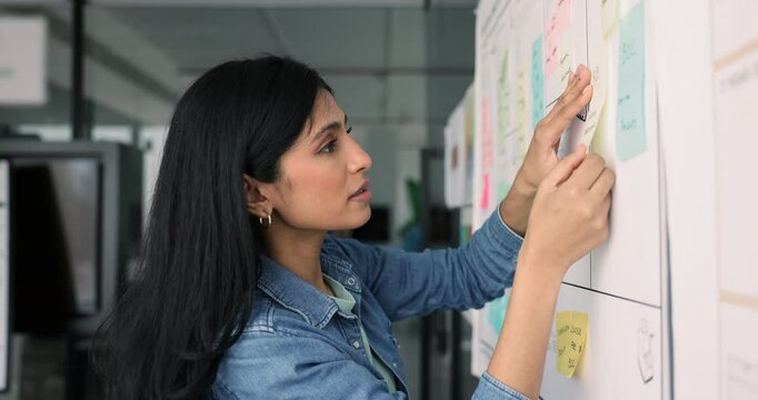 Busy young Indian project manager woman preparing scrum presentation, reading paper sticky notes on Kanban board, planning tasks, working on business strategy management